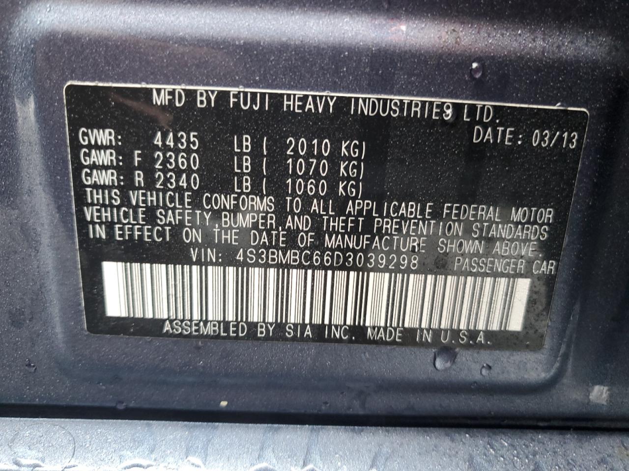 2013 Subaru Legacy VIN 4S3BMBC66D3039298 Copart auction photo, rear end damage thumbnail 13