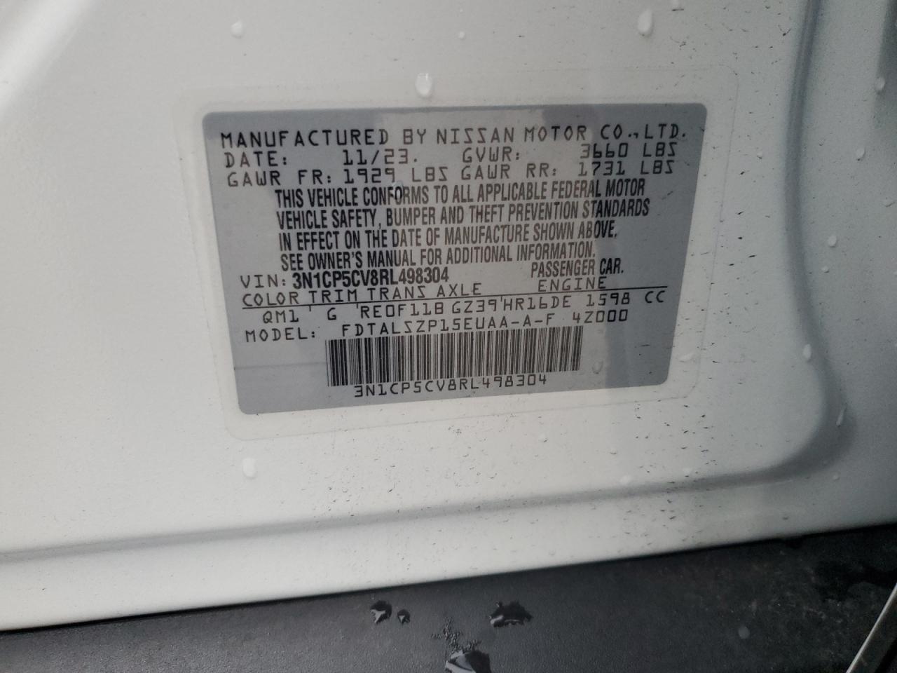 2024 Nissan Kicks VIN 3N1CP5CV8RL498304 Copart auction photo, all over damage thumbnail 14