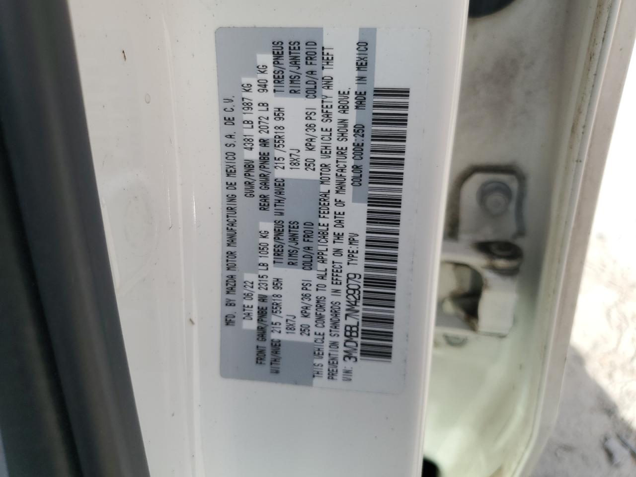 2022 Mazda CX-30 VIN 3MVDMBBL7NM429079 Copart auction photo, water/flood damage thumbnail 14