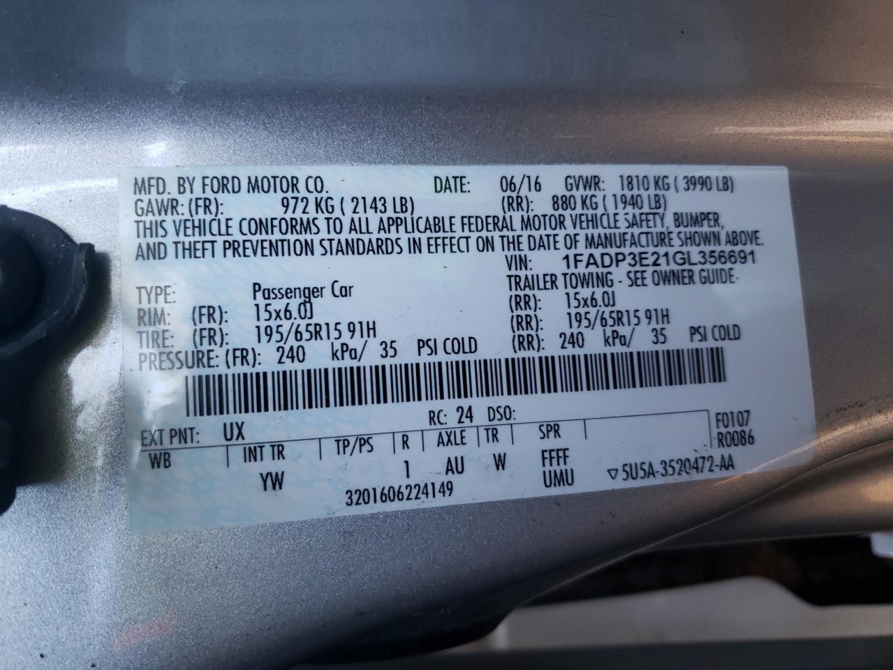 2016 Ford Focus VIN 1FADP3E21GL356691 Copart auction photo, front end damage thumbnail 12