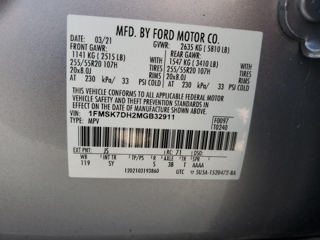 2021 Ford Explorer VIN 1FMSK7DH2MGB32911 Copart auction photo, water/flood damage thumbnail 13