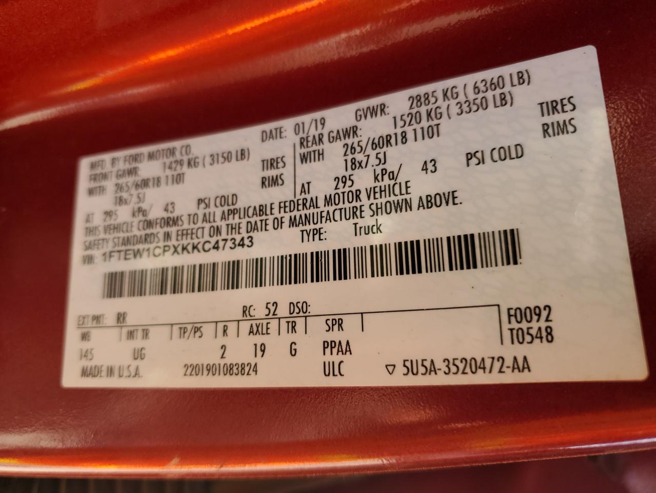 2019 Ford F-150 VIN 1FTEW1CPXKKC47343 Copart auction photo, front end damage thumbnail 13