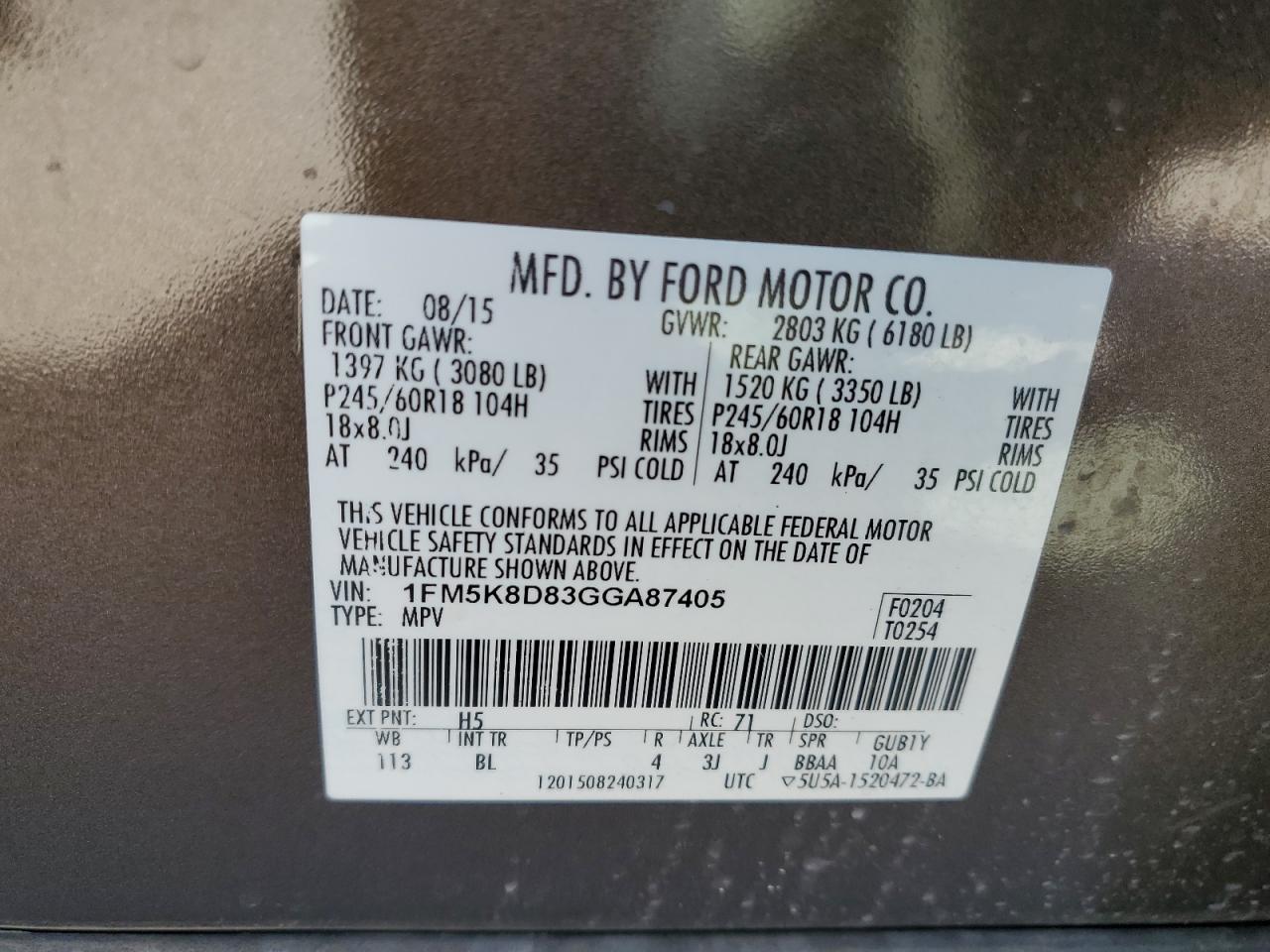 2016 Ford Explorer VIN 1FM5K8D83GGA87405 Copart auction photo, rear end / side damage thumbnail 13