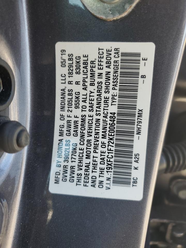 2019 Honda Civic VIN 19XFC1F72KE006484 Copart auction photo, rear end damage thumbnail 14