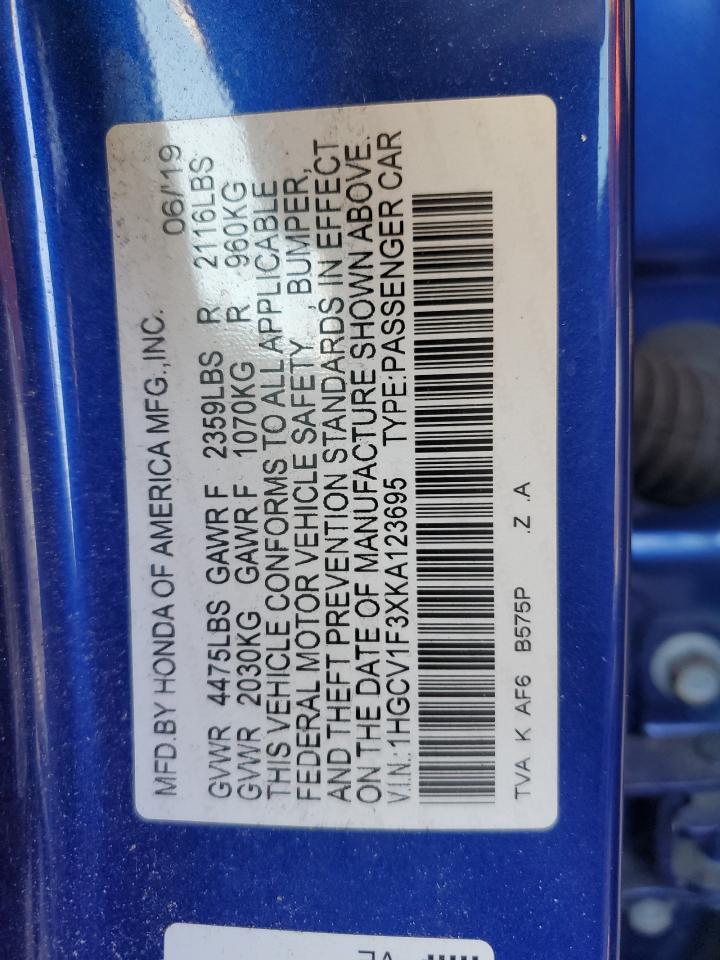 2019 Honda Accord VIN 1HGCV1F3XKA123695 Copart auction photo, front end damage thumbnail 12