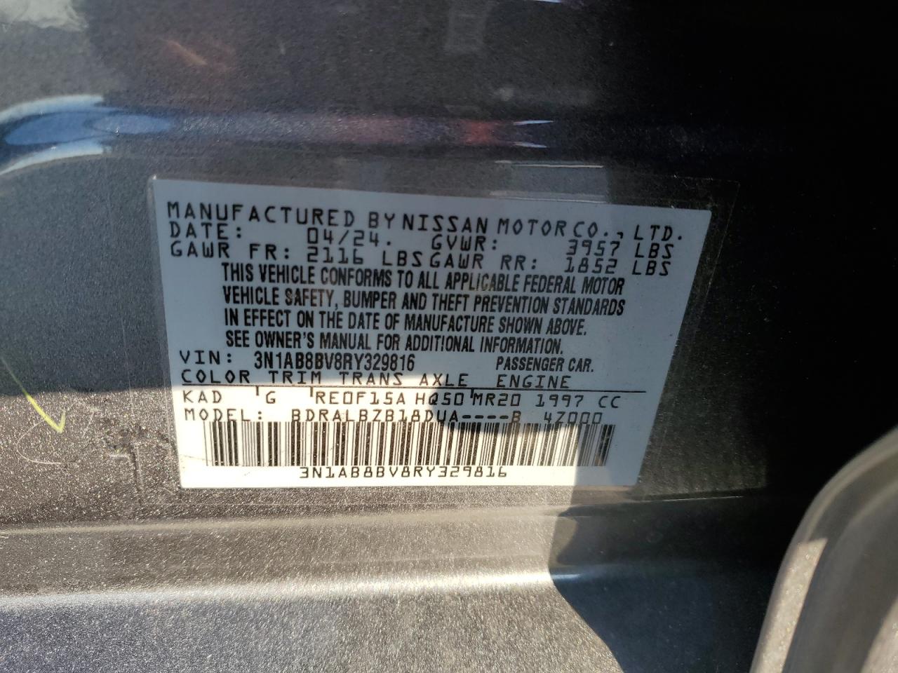 2024 Nissan Sentra VIN 3N1AB8BV8RY329816 Copart auction photo, water/flood damage thumbnail 13