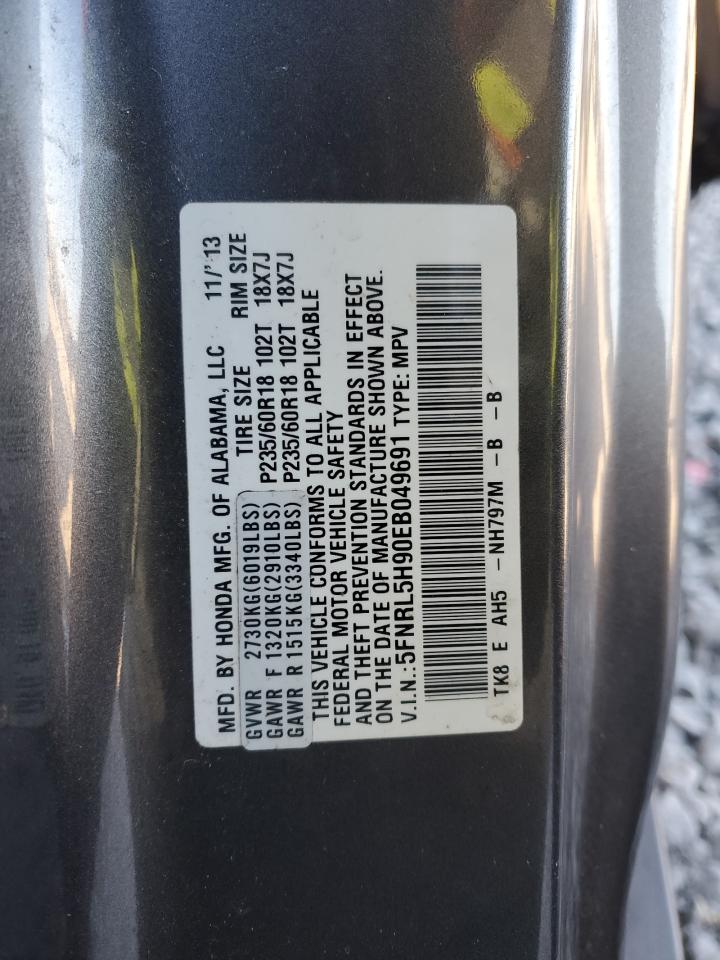 2014 Honda Odyssey VIN 5FNRL5H90EB049691 Copart auction photo, front end / side damage thumbnail 16