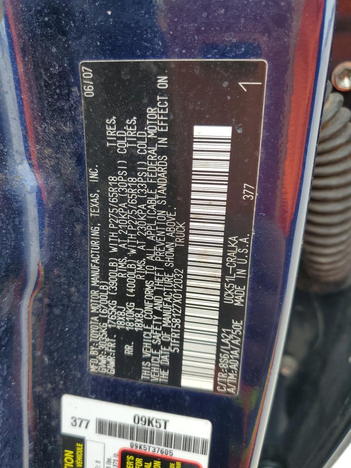 2007 Toyota Tundra VIN 5TFRT58127X012032 Copart auction photo, water/flood damage thumbnail 13