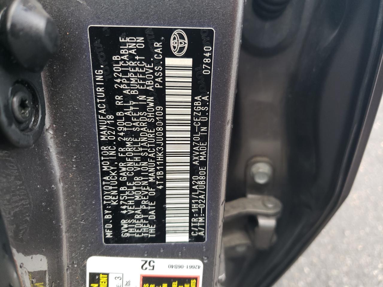 2018 Toyota Camry VIN 4T1B11HK3JU080109 Copart auction photo, front end damage thumbnail 12