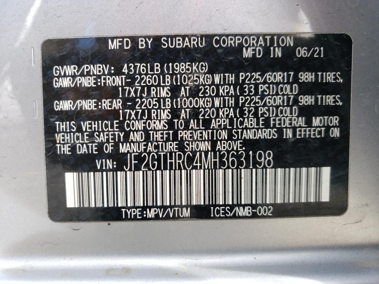 2021 Subaru XV VIN JF2GTHRC4MH363198 Copart auction photo, rear end / side damage thumbnail 14