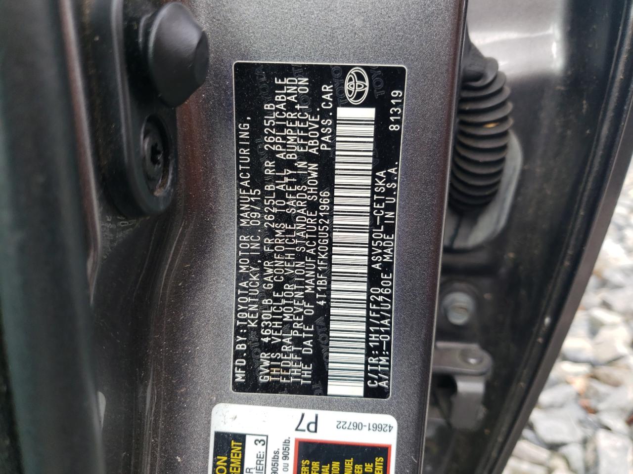 2016 Toyota Camry VIN 4T1BF1FK0GU521966 Copart auction photo, side damage thumbnail 12