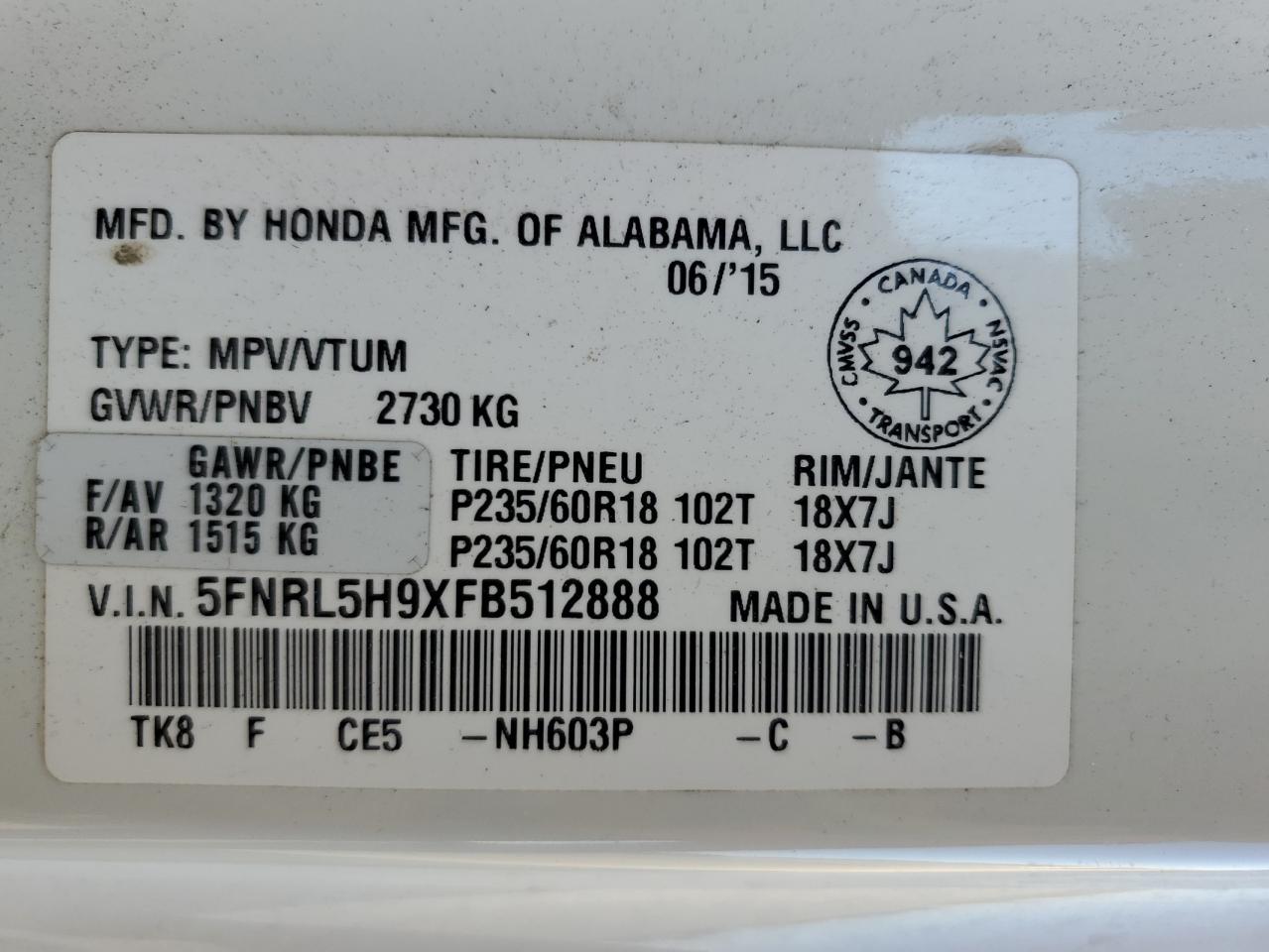 2015 Honda Odyssey VIN 5FNRL5H9XFB512888 Copart auction photo, hail / minor dent/scratches damage thumbnail 13