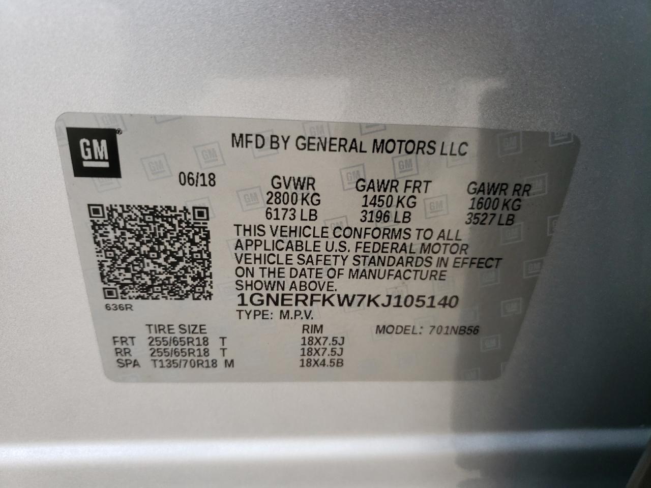 2019 Chevrolet Traverse VIN 1GNERFKW7KJ105140 Copart auction photo, front end damage thumbnail 14