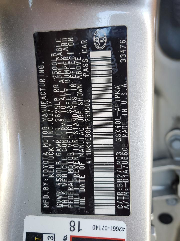 2017 Toyota Avalon VIN 4T1BK1EB8HU259502 Copart auction photo, rear end / minor dent/scratches damage thumbnail 13