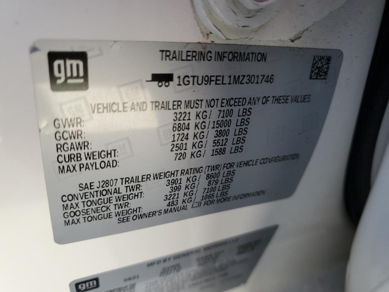 2021 GMC Sierra VIN 1GTU9FEL1MZ301746 Copart auction photo, top/roof / rear end damage thumbnail 12
