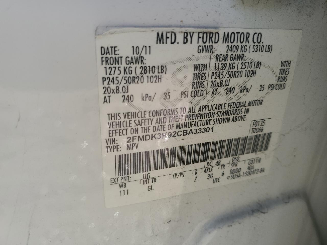 2012 Ford Edge VIN 2FMDK3K92CBA33301 Copart auction photo, rear end / minor dent/scratches damage thumbnail 14
