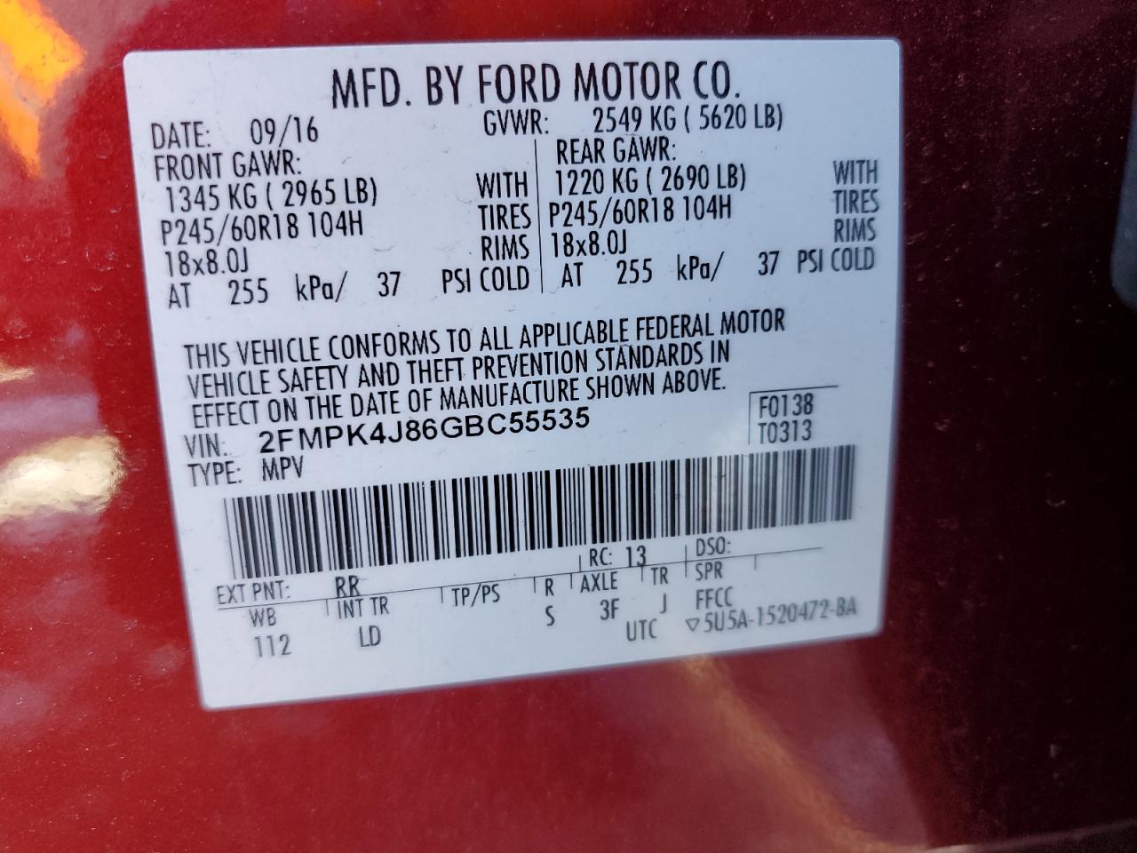 2016 Ford Edge VIN 2FMPK4J86GBC55535 Copart auction photo, rear end damage thumbnail 13