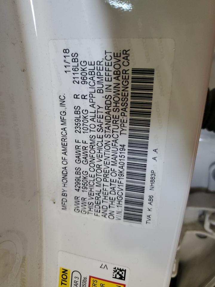 2019 Honda Accord VIN 1HGCV1F19KA015194 Copart auction photo, front end damage thumbnail 12