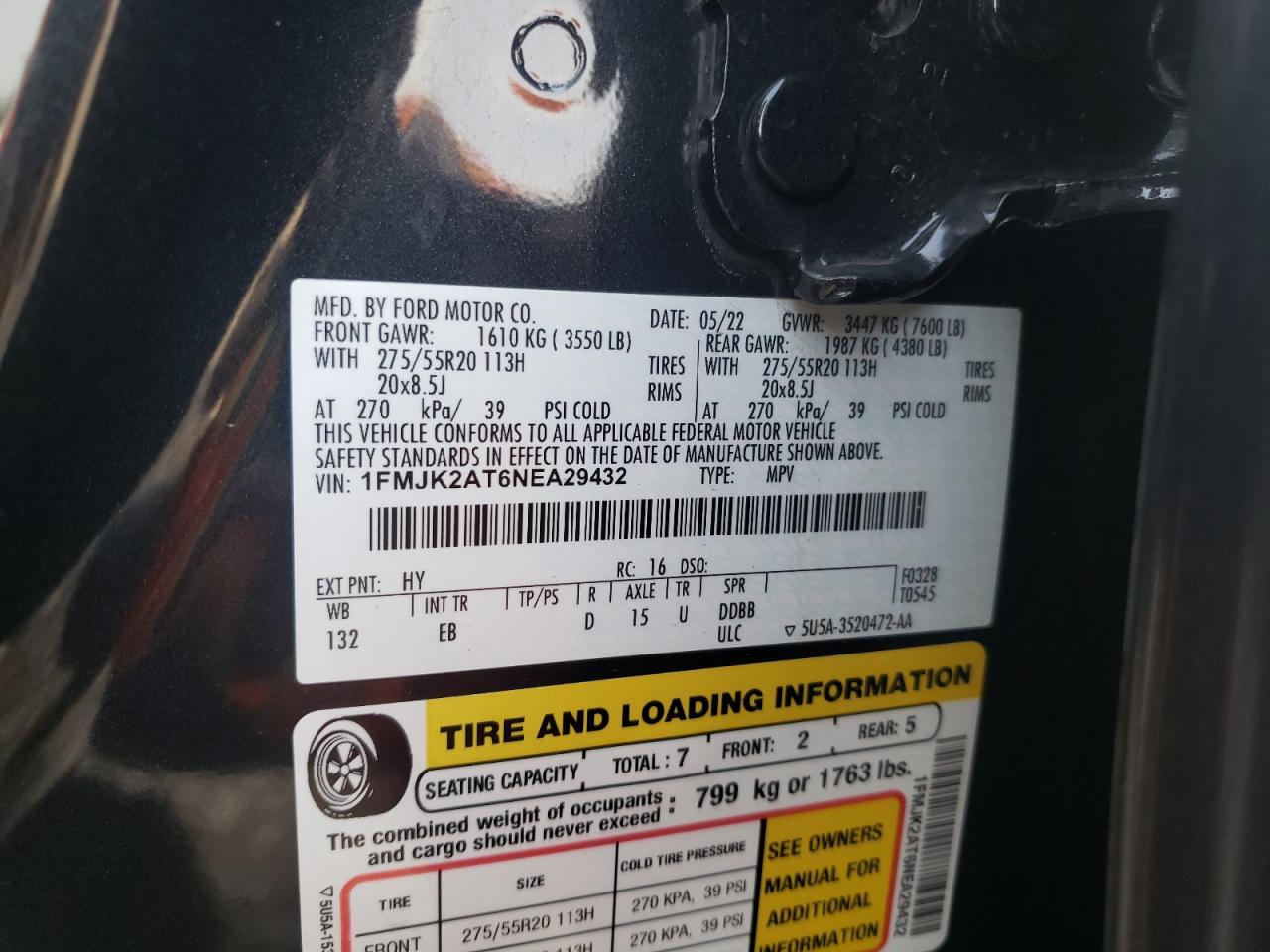 2022 Ford Expedition VIN 1FMJK2AT6NEA29432 Copart auction photo, front end damage thumbnail 14