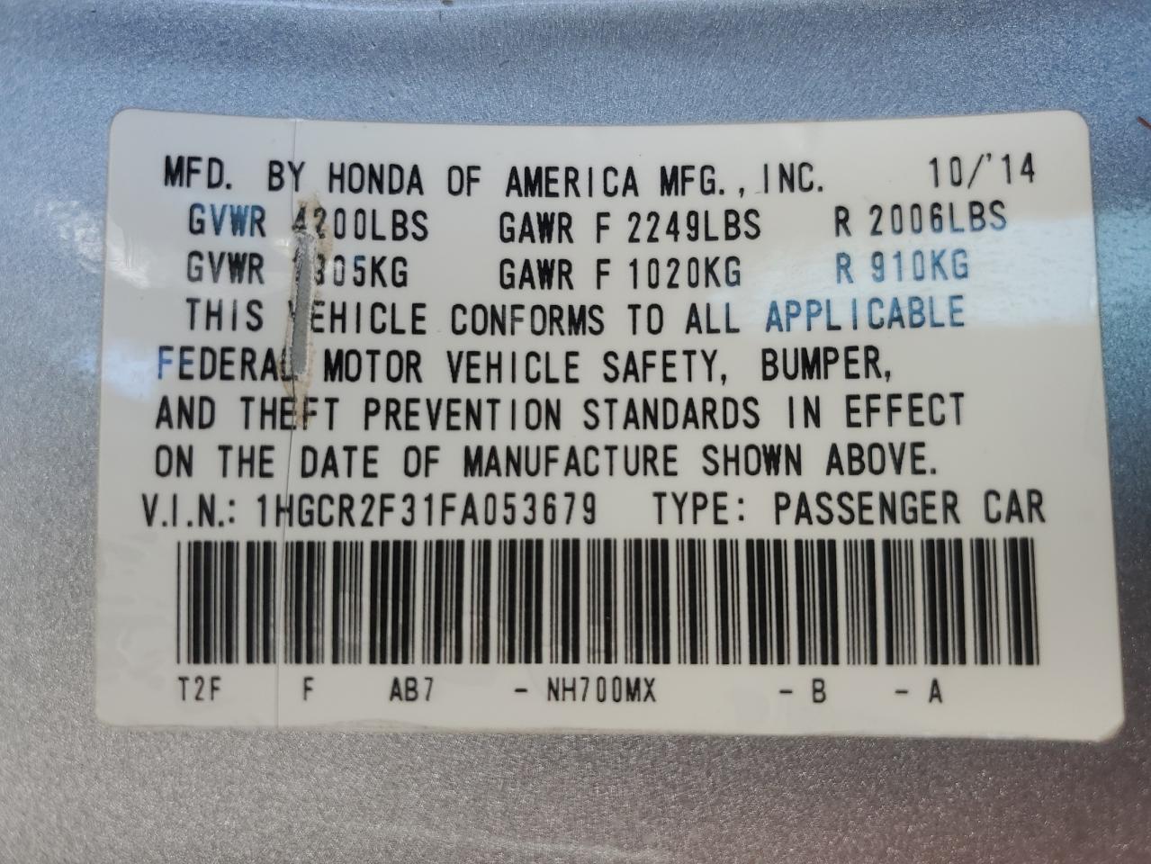 2015 Honda Accord VIN 1HGCR2F31FA053679 Copart auction photo, water/flood damage thumbnail 13