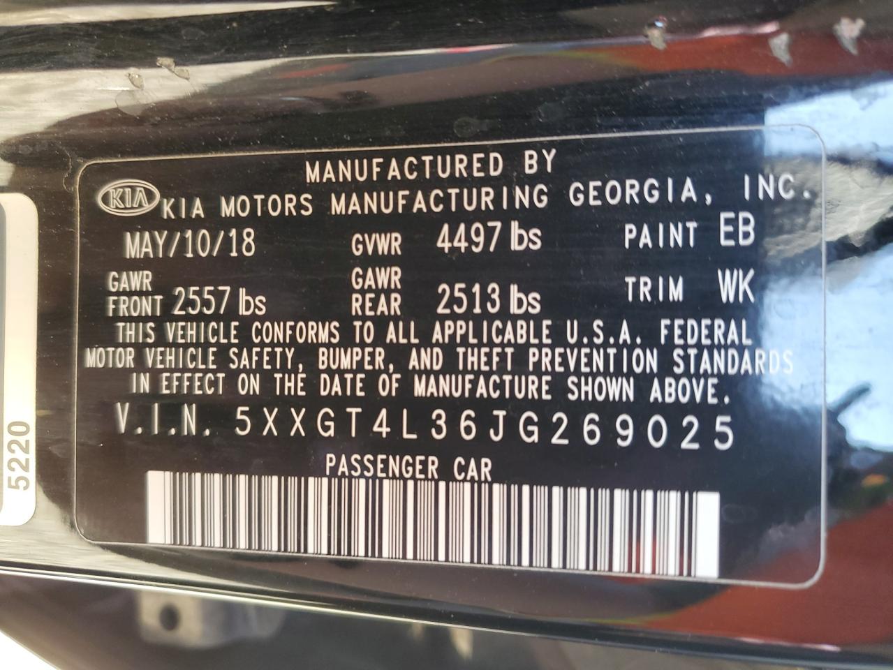 2018 KIA Optima VIN 5XXGT4L36JG269025 Copart auction photo, all over damage thumbnail 12