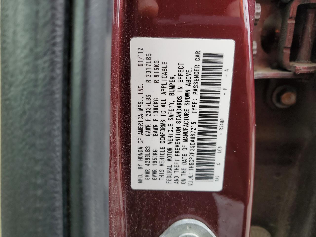 2012 Honda Accord VIN 1HGCP2F35CA067215 Copart auction photo, mechanical damage thumbnail 12