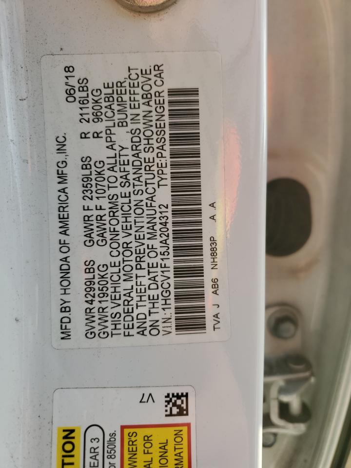 2018 Honda Accord VIN 1HGCV1F15JA204312 Copart auction photo, front end / rear end damage thumbnail 13