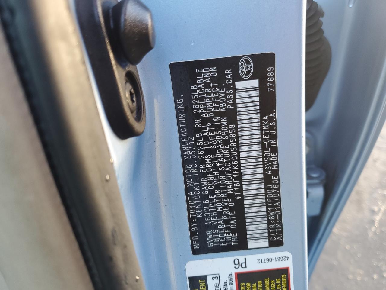 2012 Toyota Camry VIN 4T1BF1FK6CU585858 Copart auction photo, front end damage thumbnail 15