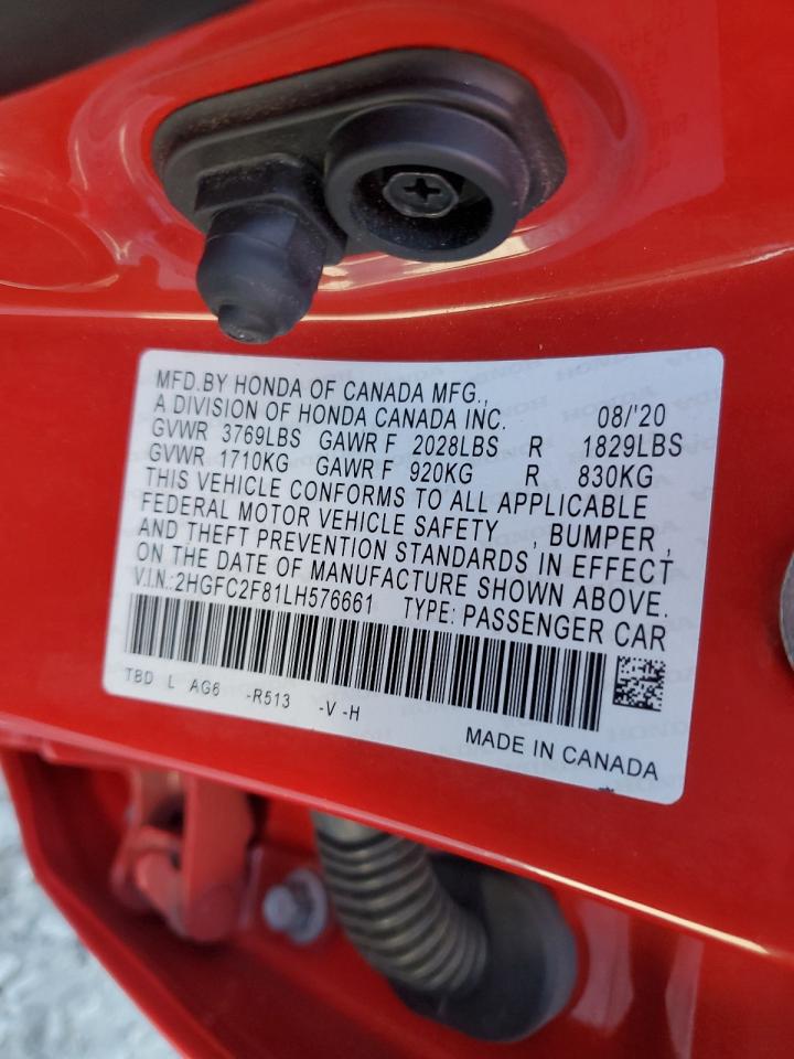 2020 Honda Civic VIN 2HGFC2F81LH576661 Copart auction photo, front end damage thumbnail 12