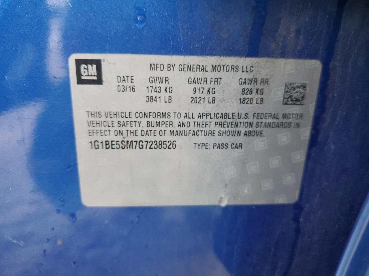 2016 Chevrolet Cruze VIN 1G1BE5SM7G7238526 Copart auction photo, front end / minor dent/scratches damage thumbnail 13