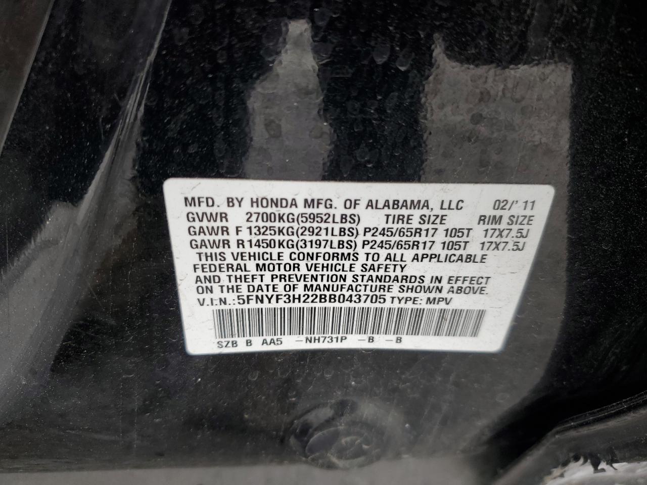 2011 Honda Pilot VIN 5FNYF3H22BB043705 Copart auction photo, side / front end damage thumbnail 15