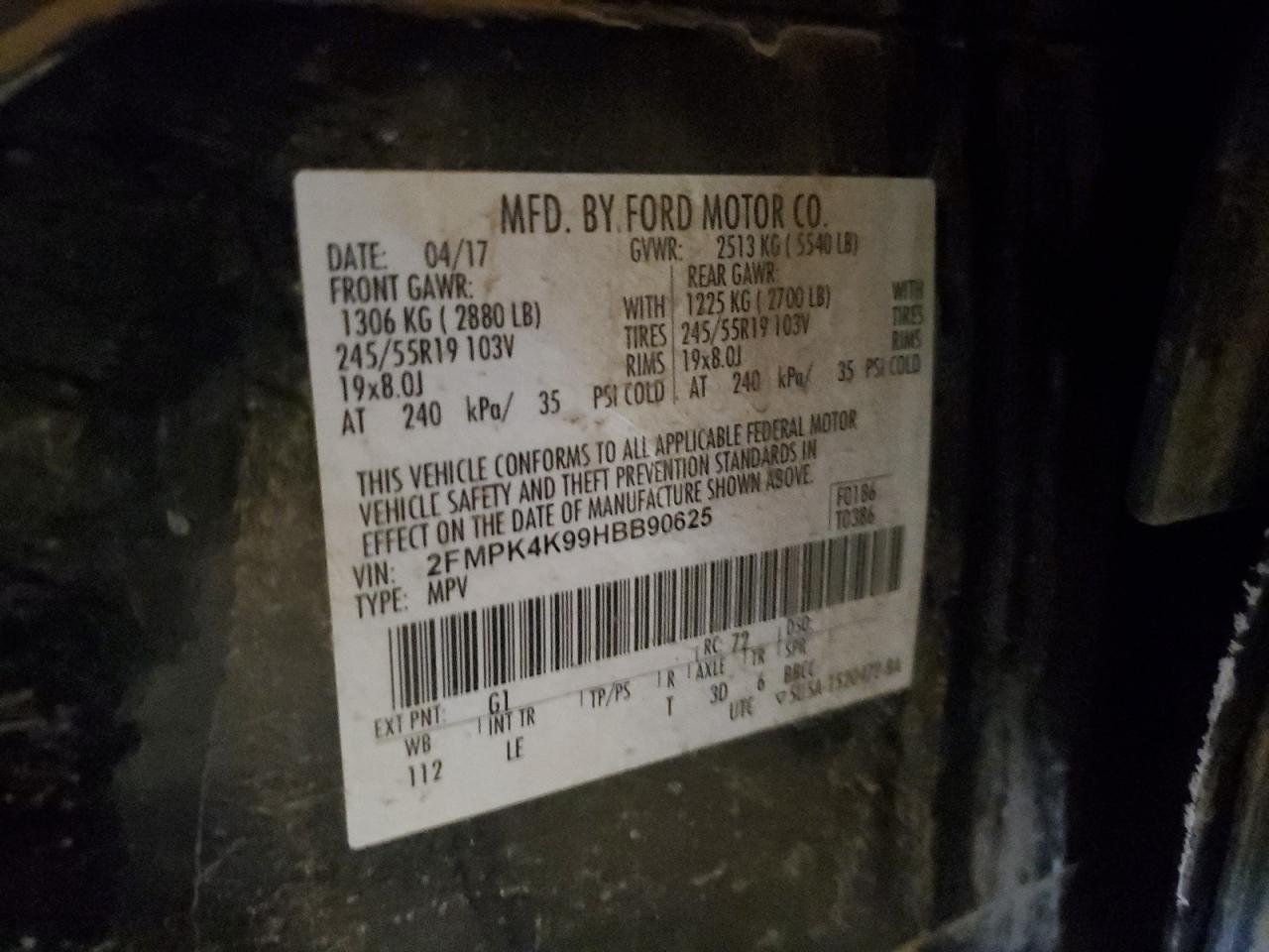 2017 Ford Edge VIN 2FMPK4K99HBB90625 Copart auction photo, side damage thumbnail 14
