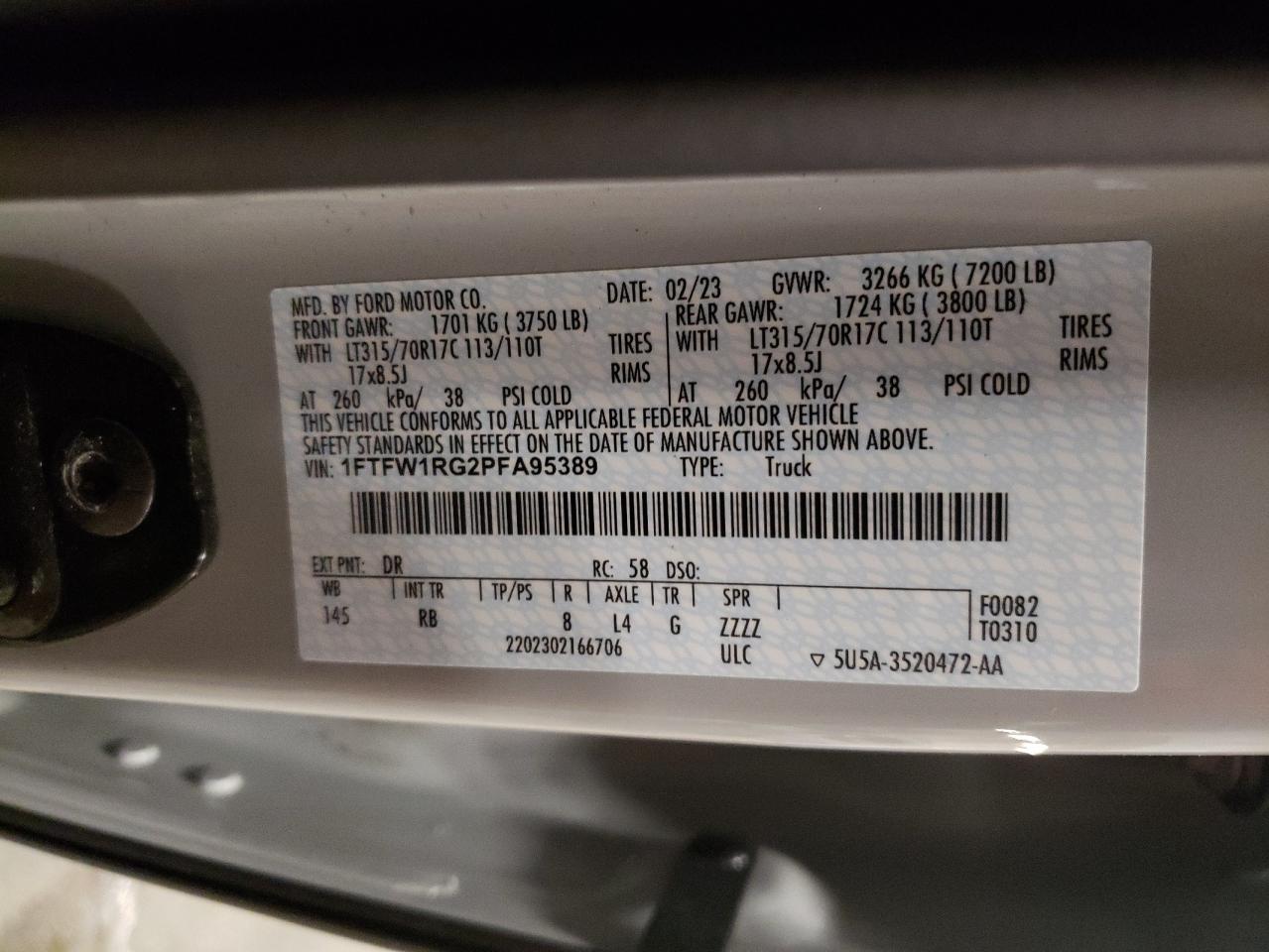 2023 Ford F-150 VIN 1FTFW1RG2PFA95389 Copart auction photo, front end / side damage thumbnail 13