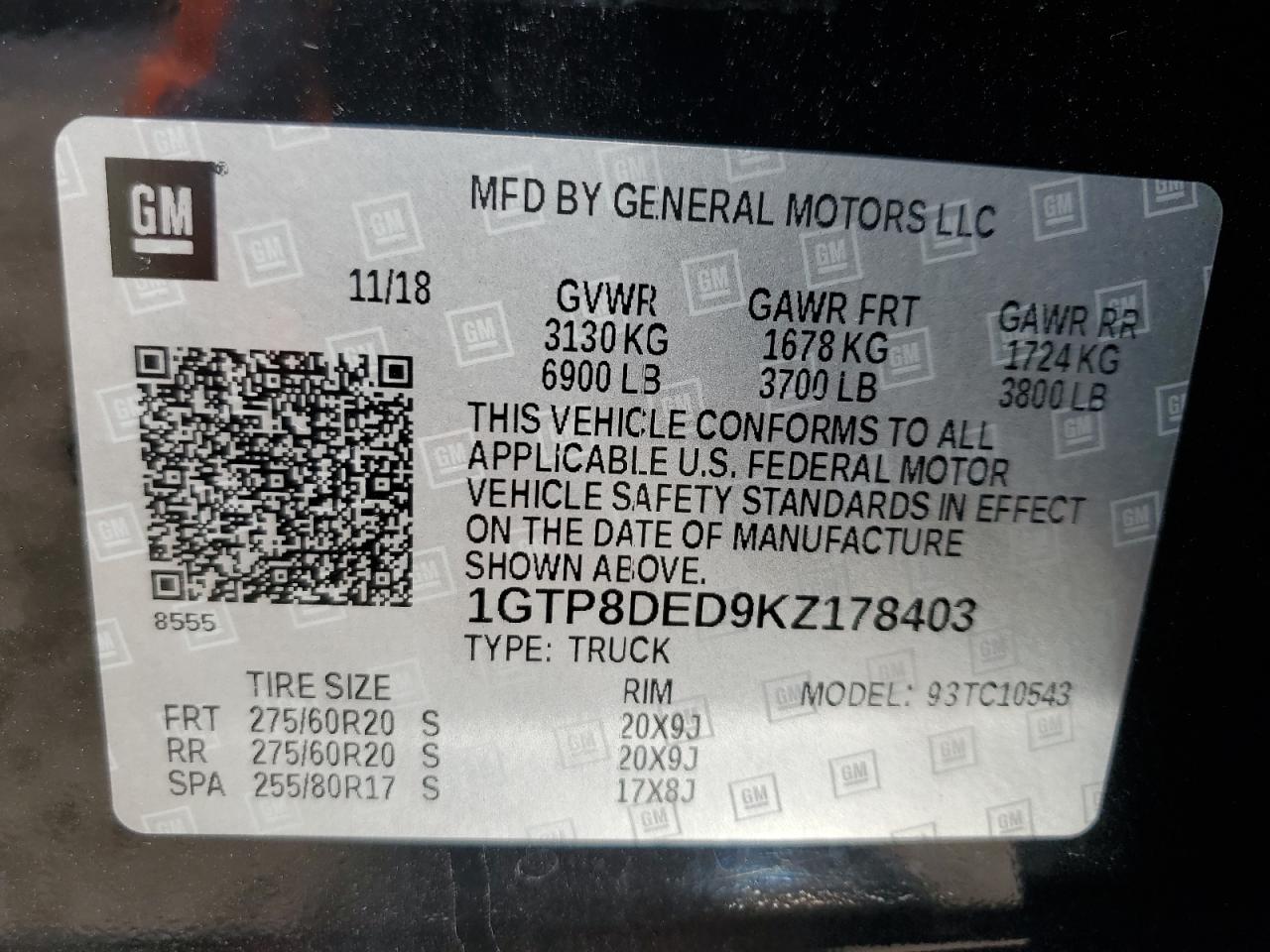 2019 GMC Sierra VIN 1GTP8DED9KZ178403 Copart auction photo, rear end damage thumbnail 13