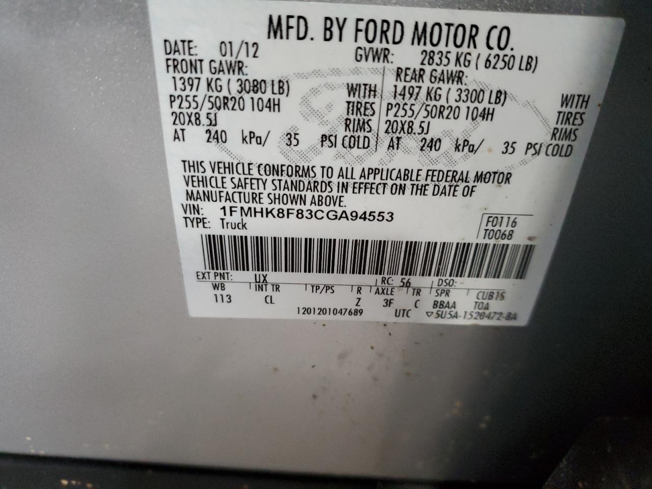 2012 Ford Explorer VIN 1FMHK8F83CGA94553 Copart auction photo, front end damage thumbnail 13