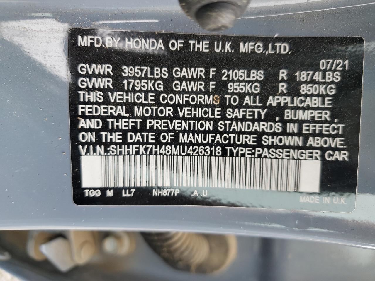 2021 Honda Civic VIN SHHFK7H48MU426318 Copart auction photo, front end damage thumbnail 12