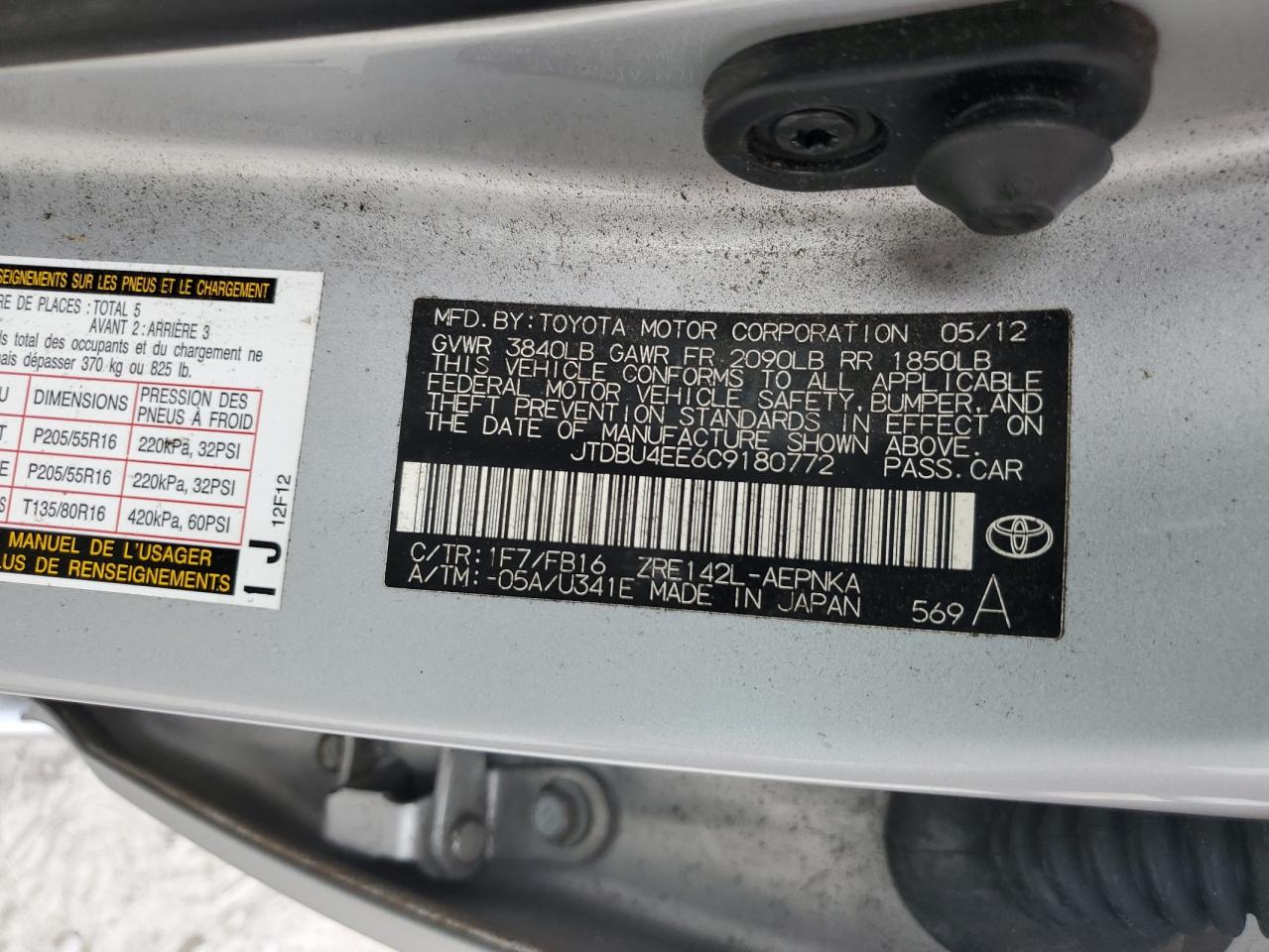 2012 Toyota Corolla VIN JTDBU4EE6C9180772 Copart auction photo, front end / side damage thumbnail 12