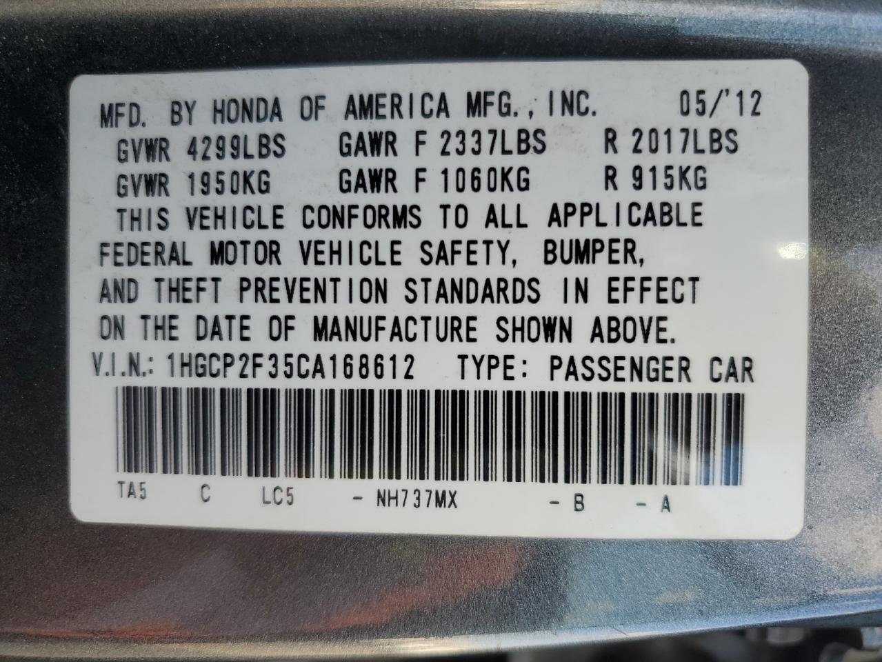 2012 Honda Accord VIN 1HGCP2F35CA168612 Copart auction photo, side damage thumbnail 12