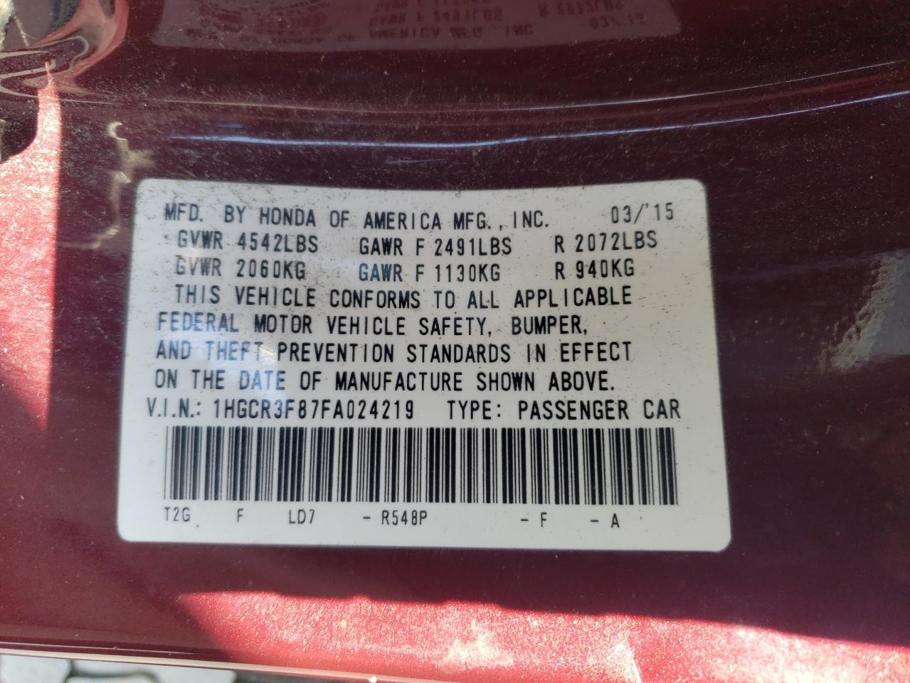 2015 Honda Accord VIN 1HGCR3F87FA024219 Copart auction photo, all over damage thumbnail 13