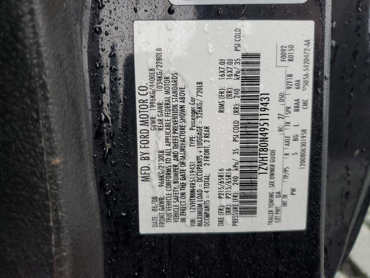 2009 Ford Mustang VIN 1ZVHT80N495119431 Copart auction photo, front end / minor dent/scratches damage thumbnail 12