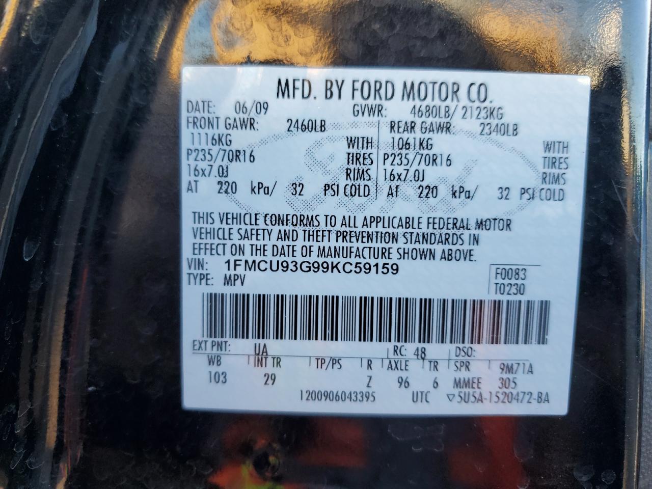 2009 Ford Escape VIN 1FMCU93G99KC59159 Copart auction photo, front end damage thumbnail 16