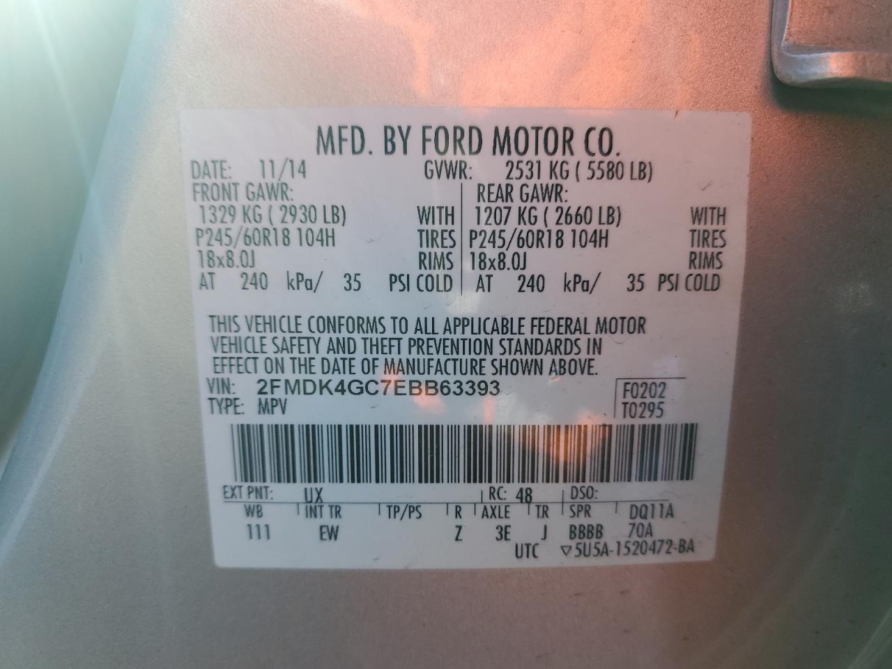 2014 Ford Edge VIN 2FMDK4GC7EBB63393 Copart auction photo, side / front end damage thumbnail 15