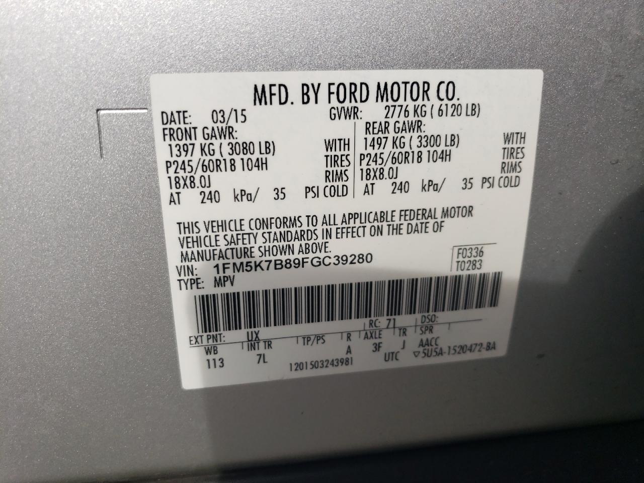 2015 Ford Explorer VIN 1FM5K7B89FGC39280 Copart auction photo, front end damage thumbnail 16