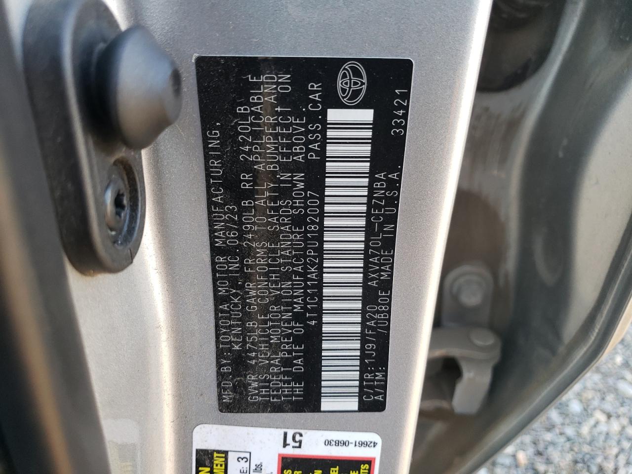 2023 Toyota Camry VIN 4T1C11AK2PU182007 Copart auction photo, front end / frame damage damage thumbnail 12