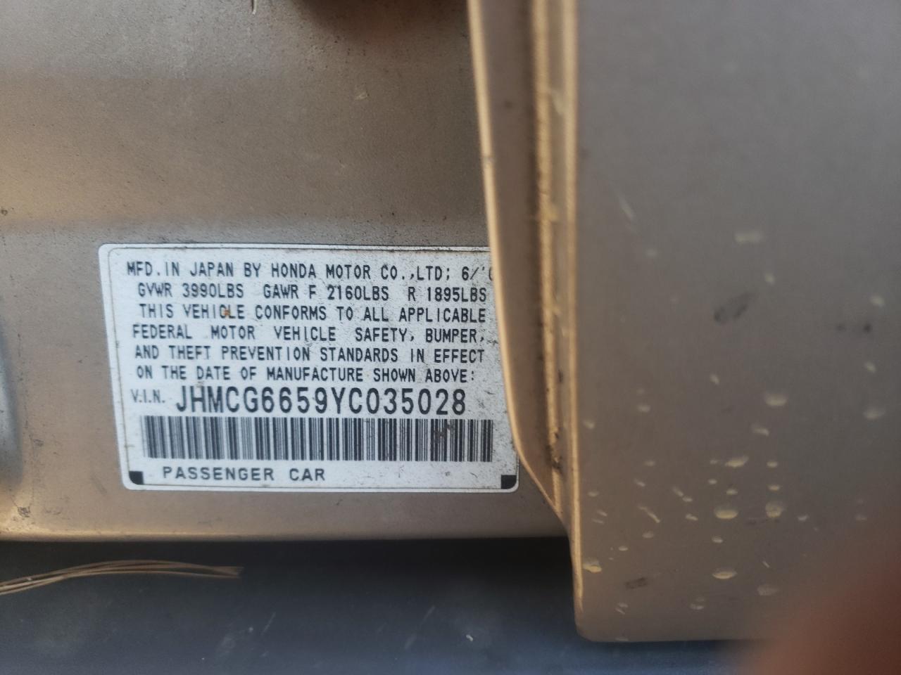 2000 Honda Accord VIN JHMCG6659YC035028 Copart auction photo, front end damage thumbnail 13