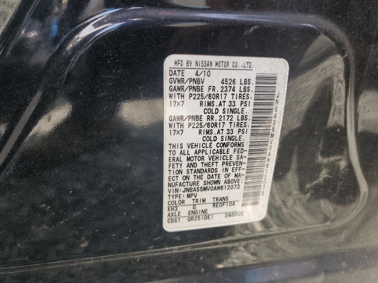 2010 Nissan Rogue VIN JN8AS5MV0AW612073 Copart auction photo, all over damage thumbnail 14