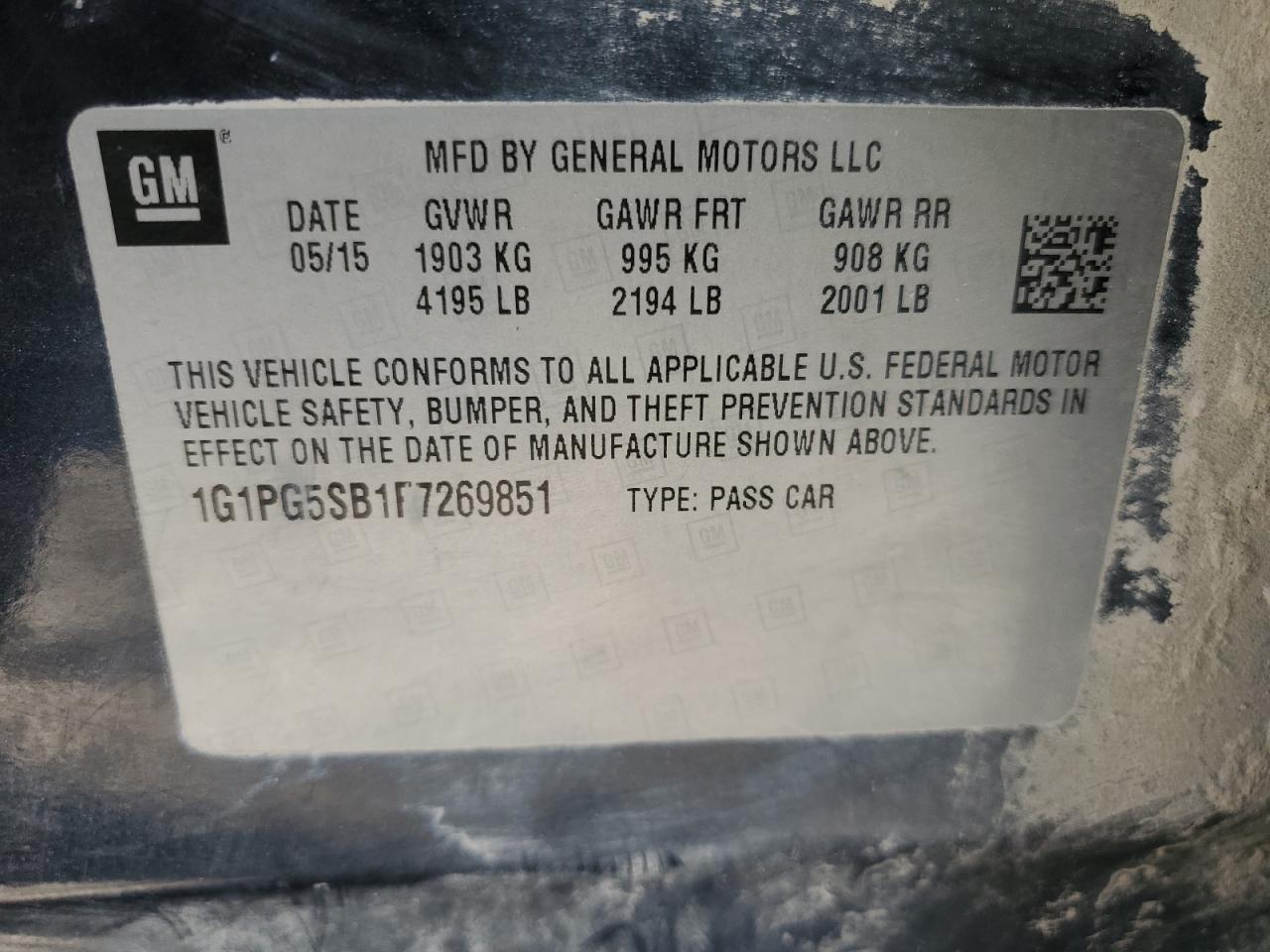 2015 Chevrolet Cruze VIN 1G1PG5SB1F7269851 Copart auction photo, all over / mechanical damage thumbnail 14