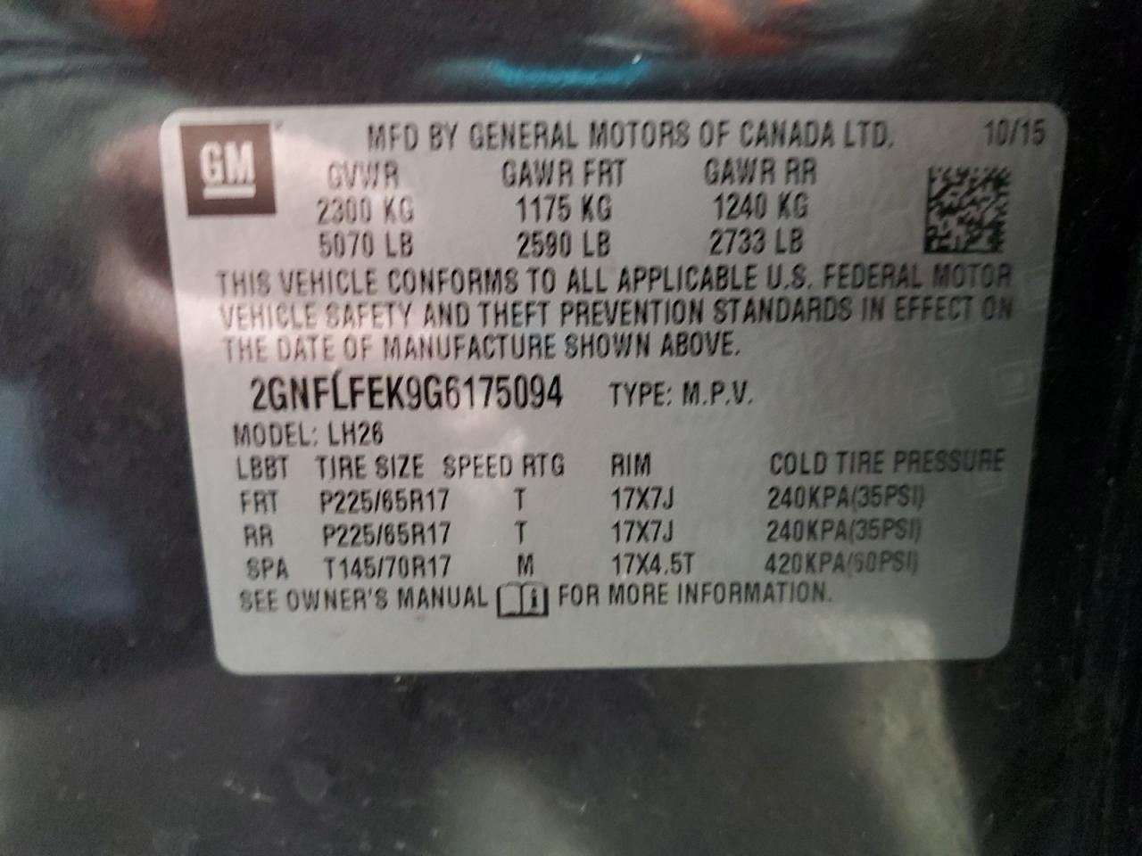 2016 Chevrolet Equinox VIN 2GNFLFEK9G6175094 Copart auction photo, rear end damage thumbnail 13