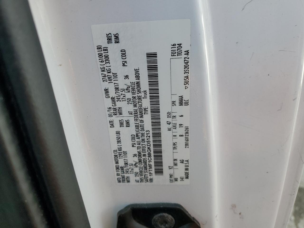 2016 Ford F-150 VIN 1FTMF1C88GKD51213 Copart auction photo, front end / minor dent/scratches damage thumbnail 14