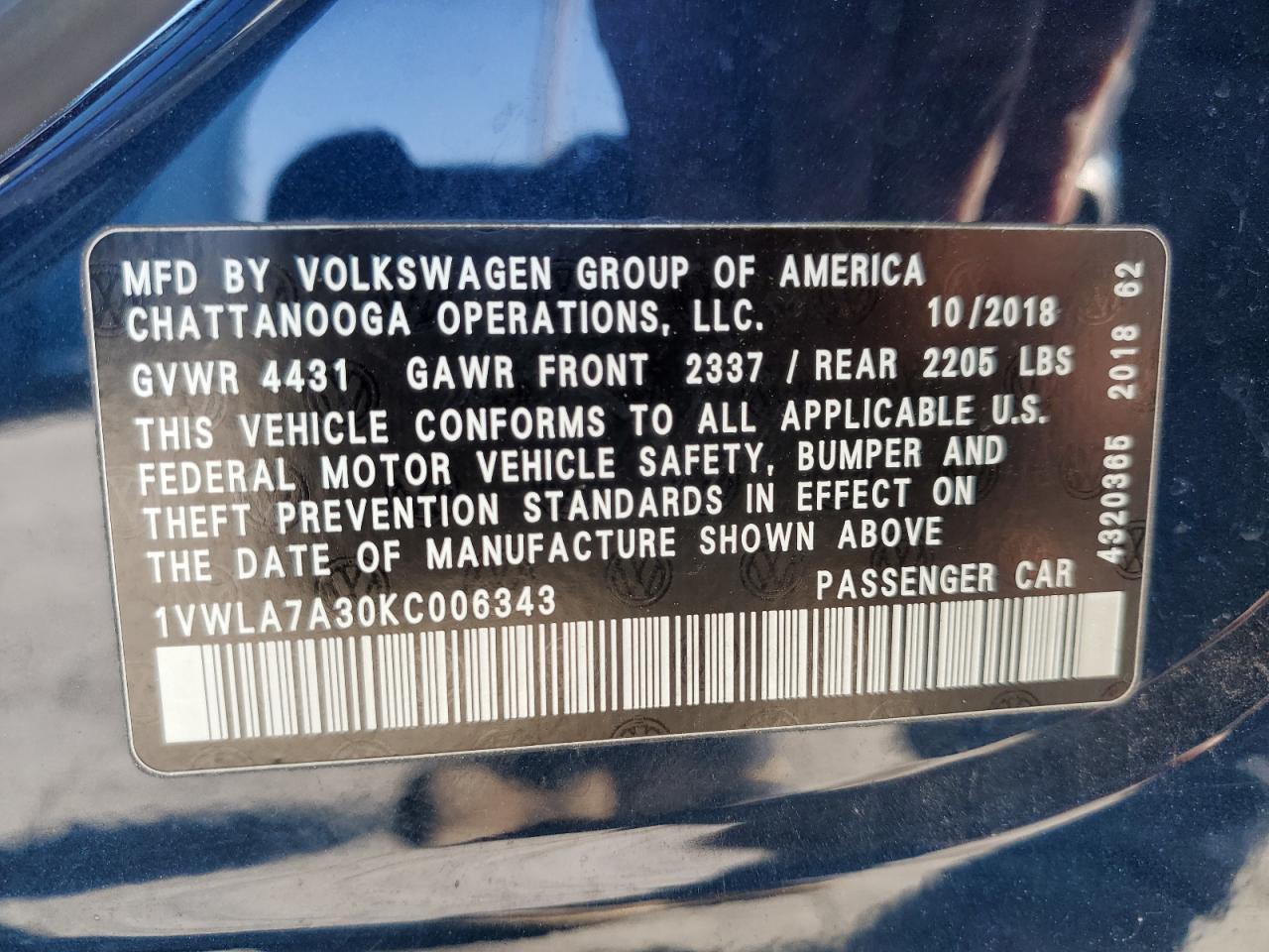 2019 Volkswagen Passat VIN 1VWLA7A30KC006343 Copart auction photo, rear end damage thumbnail 12